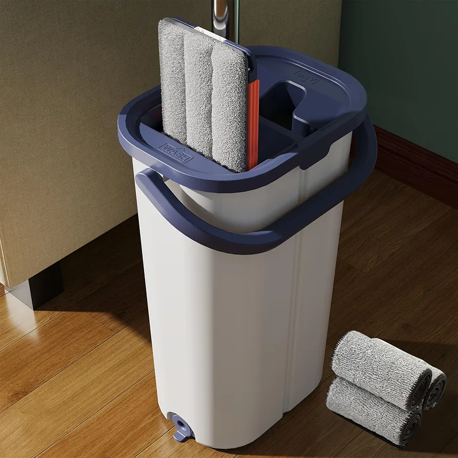 Mop and Bucket with Wringer Set for Home, Sturdy Aluminium Mops for Floor Cleaning, Mop and Bucket Set, Large Flat Mop and Bucket System, Mopping Bucket, Wall Cleaner Mop with 4 Microfiber Mop Pads
