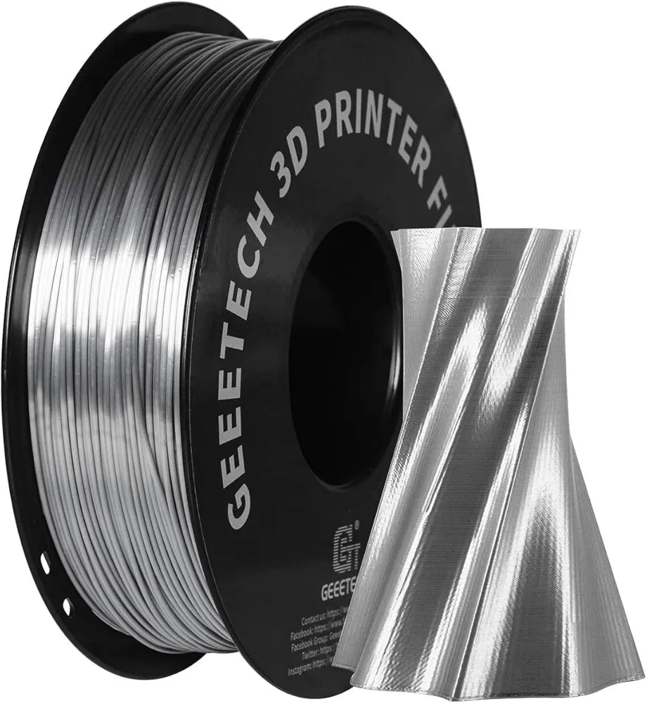 Geeetech Silk PLA Filament 1.75mm for 3D Printer, Metal-Like Shiny Consumable 1kg (2.2lbs) 1 Spool, Dimensional Accuracy +/- 0.03 mm,Metallic Silver