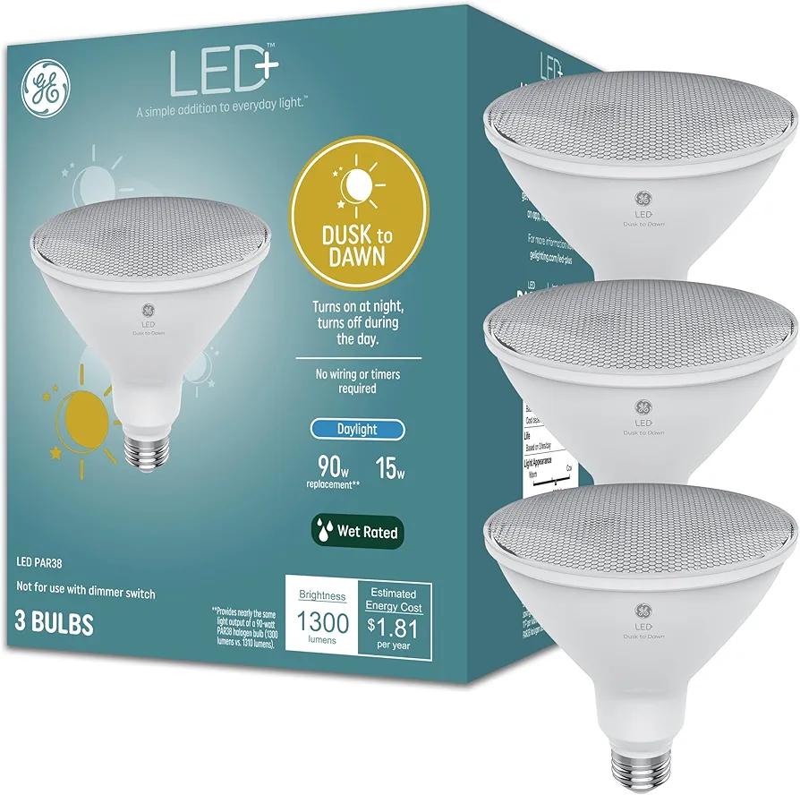 GE LED+ Dusk to Dawn LED Light Bulbs, 15 Watts, Automatic On/Off PAR38 Outdoor Floodlight, Daylight (3 Pack)