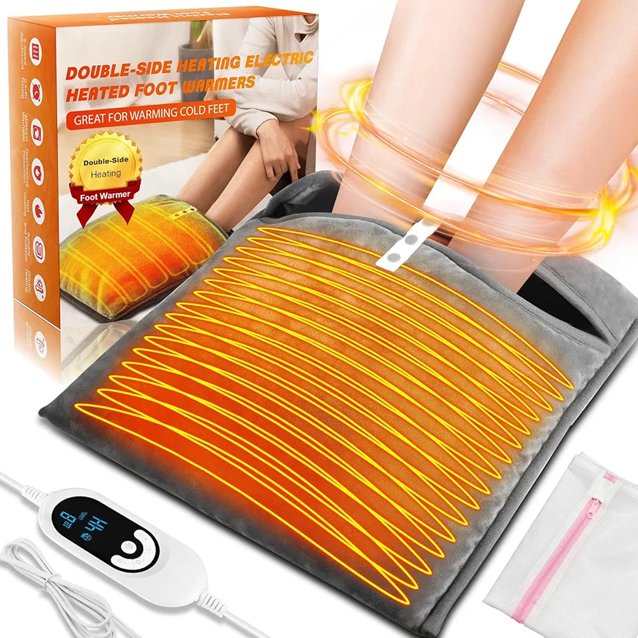 Electric Heated Foot Warmer Double-Side Heating, Foot Warmer Under Desk, Feet Heating Pad with 8 Temp Modes & 6 Timers, Machine Washable, Pain Relief Electric Foot Warmer for Bed Home Office Xmas Gift