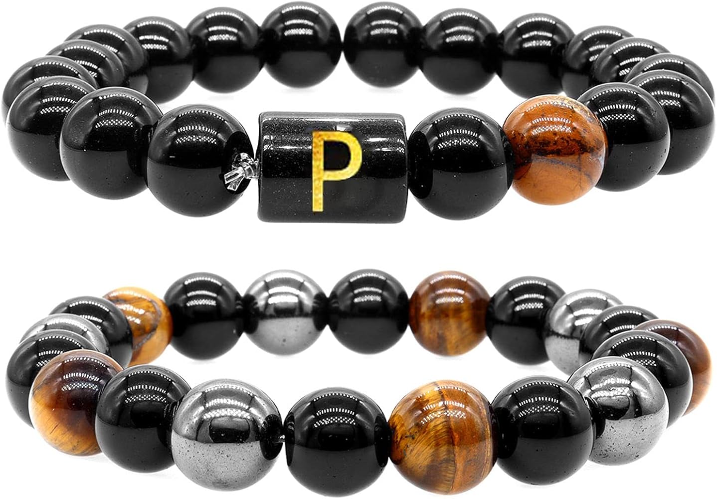 CJIAYUJEW 10mm Mens Beaded Bracelets, Initial Letter Triple Bracelets for Women, Natural Tiger Eye Black Obsidian Hematite Beads Elastic Bracelets