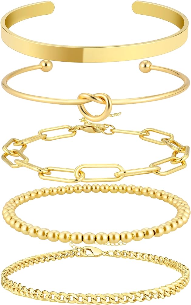 14K Gold Plated Bangle Cuff Bracelet Set for Women Bracelet Stack Adjustable Tennis/Beaded/Paperclip/Cuban Link Chain Bracelets Jewelry Gift for Women