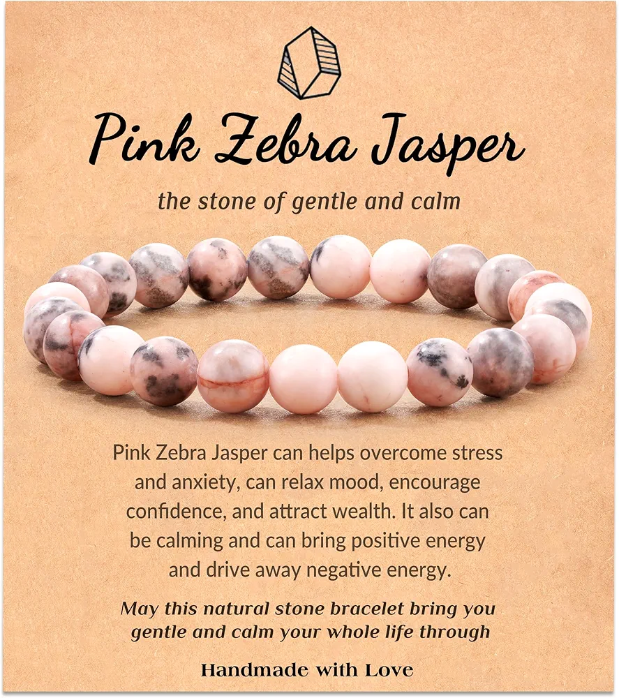Seyaa Bracelet for Women, Pink Zebra Jasper Bracelet, Birthday Valentines Day Gift for Her Teen, Natural Crystal Stone