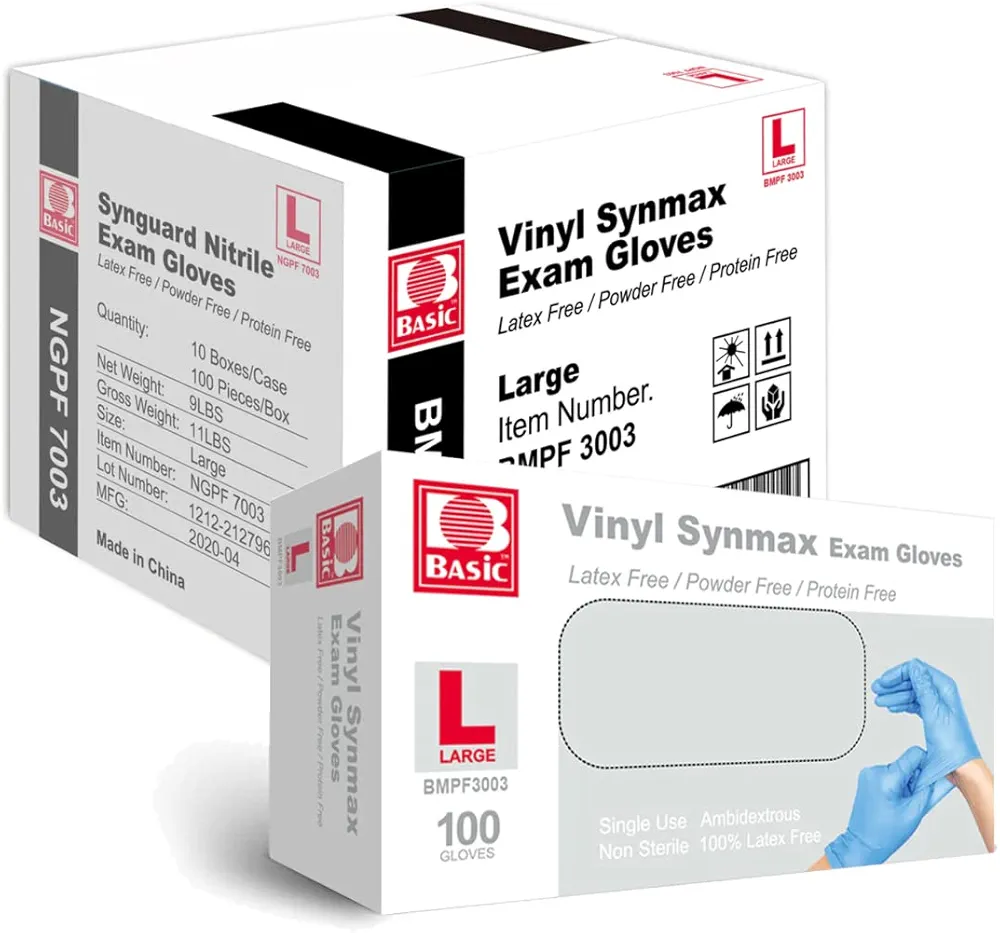 Basic Medical Synmax Vinyl Exam Gloves - Latex-Free & Powder-Free Disposable Glove - Large, BMPF-3003(1000 Pcs)