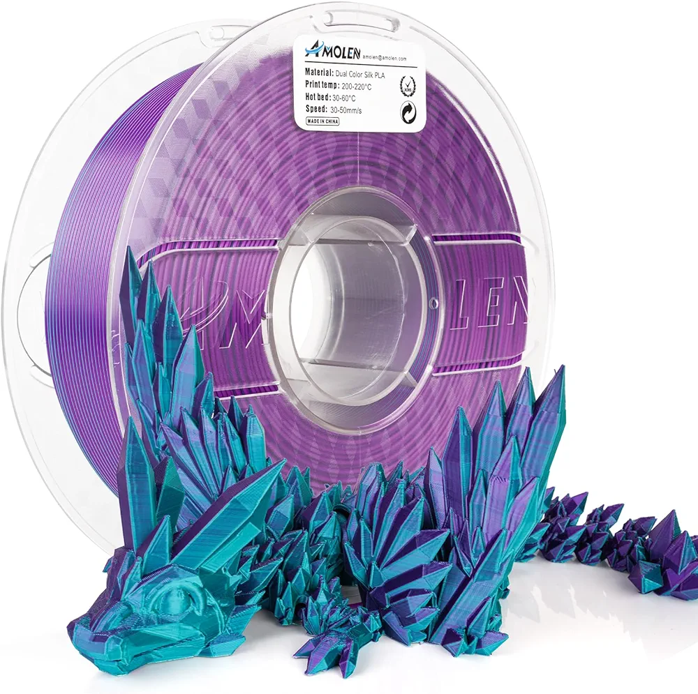 AMOLEN Silk PLA 3D Printer Filament, Dual Color Blue Green & Dark Violet PLA 1.75mm, Shiny Color Change Filament 3D Printing PLA Filament for Most FDM 3D Printer, 1kg Spool(2.2lbs)
