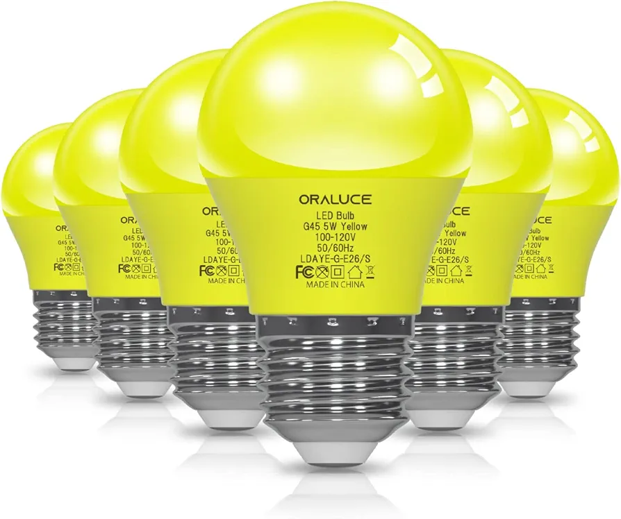ORALUCE Yellow Porch Light Bulb 40 Watt Equivalent,A15 LED Bulbs for Halloween Christmas Party Decoration and Lighting,Colored Light Bulb with E26 Base,5W 450LM Non-Dimmable,6 Pack.