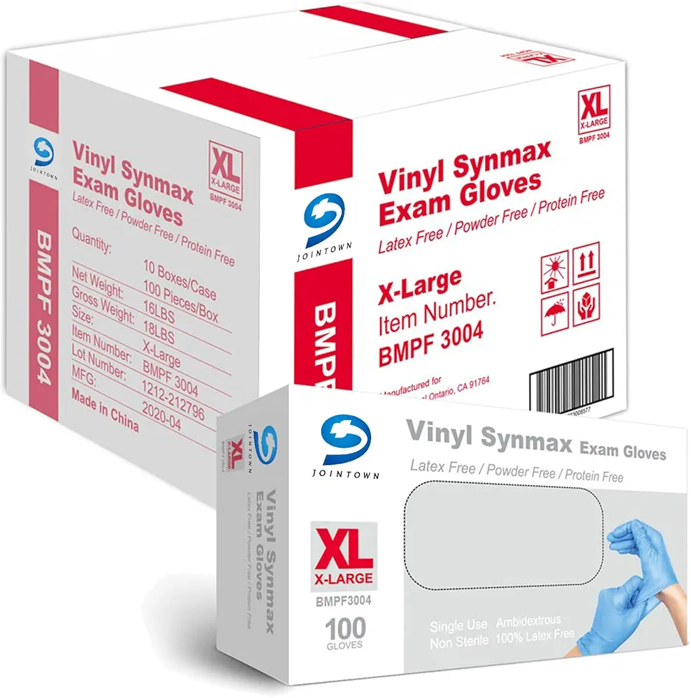 Basic Synmax Vinyl Exam Gloves Disposable Exam Gloves, 4 Mil, Latex & Powder Free, BMPF-3004，Blue XL Size Case of 1000