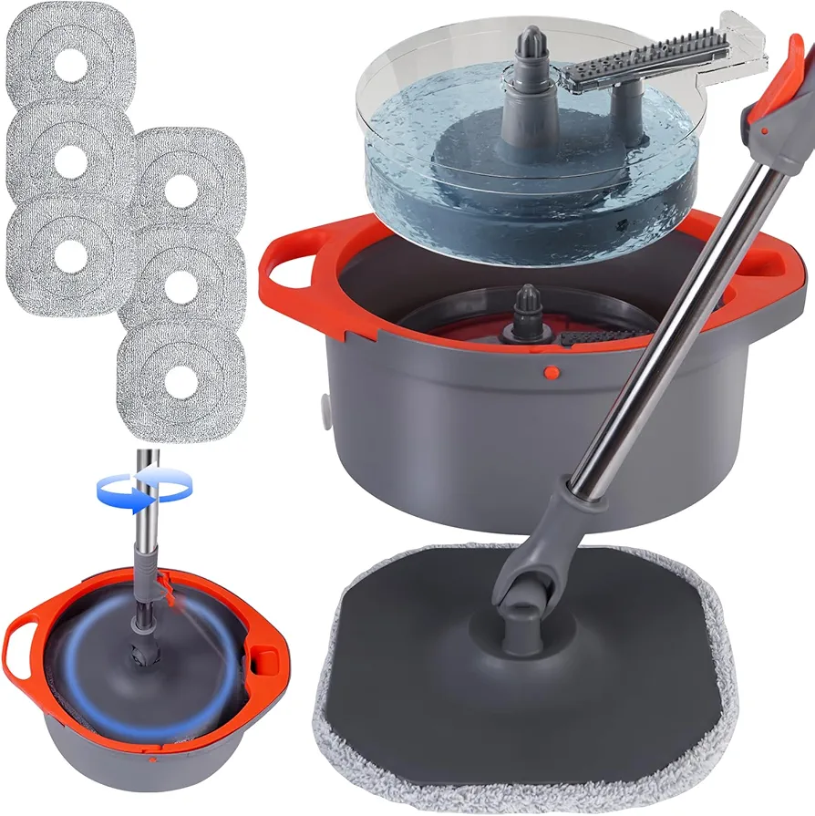 Spin Mop and Bucket with Separate Dirty and Clean Water,360° Spin Mop and Bucket System with Widening Foldable Handle,6 Replaceable Mop Pads,Square Mop for Floor Hardwood Tile Marble Wall Cleaning