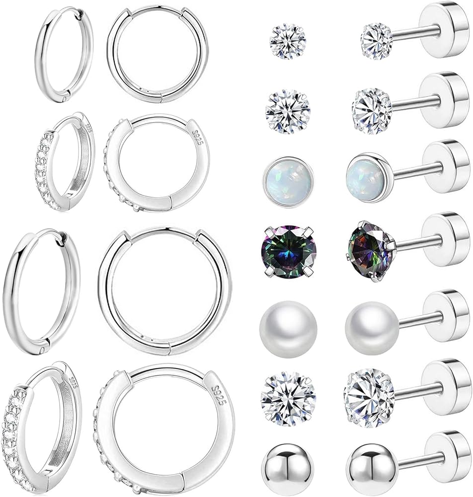 Surgical Steel Flat Back Earrings Set for Multiple Piercing Sensitive Ears,Sterling Silver Hypoallergenic Small Cartilage Huggie Hoop Earrings Titanium Tiny CZ Pearl Opal Stud Earrings for Women
