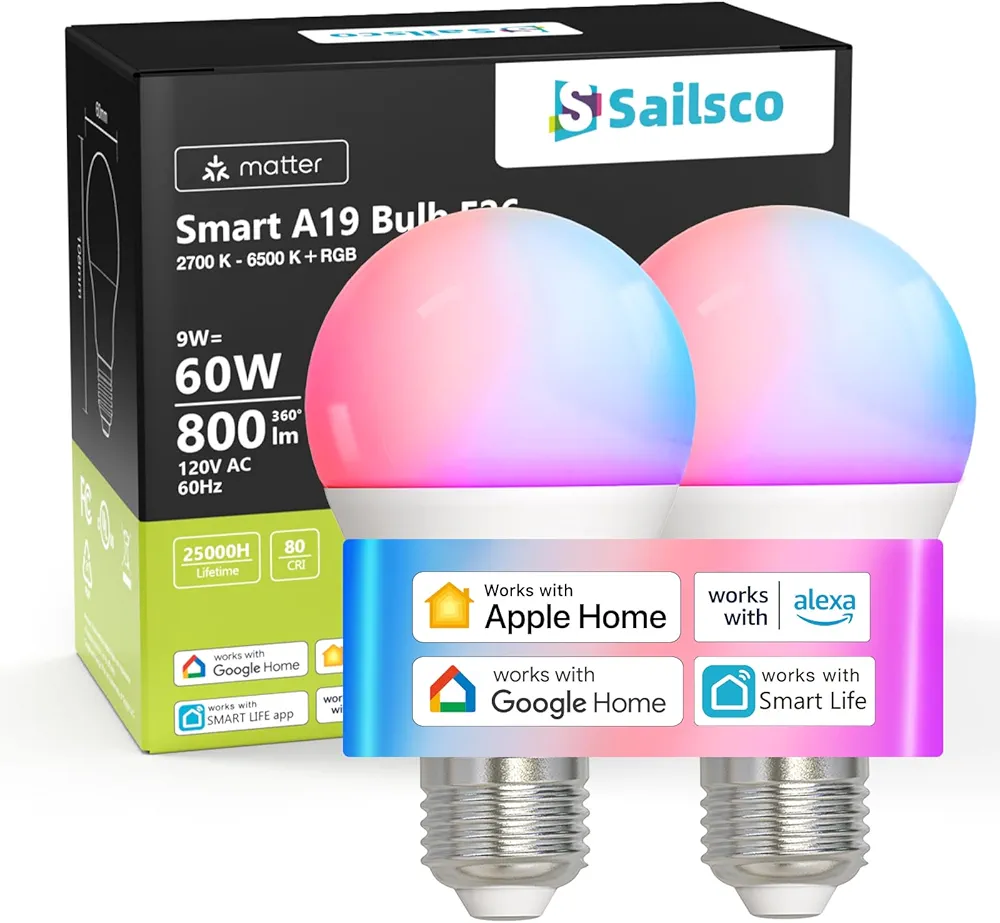 Matter Smart Light Bulbs,WiFi Smart Bulbs Work with Alexa/Google Home/Smart Life,RGBCW Color Changing LED Light Bulbs Music Sync,A19 E26 60W 800LM,2.4Ghz WiFi Only,No Hub Required,2 Pack
