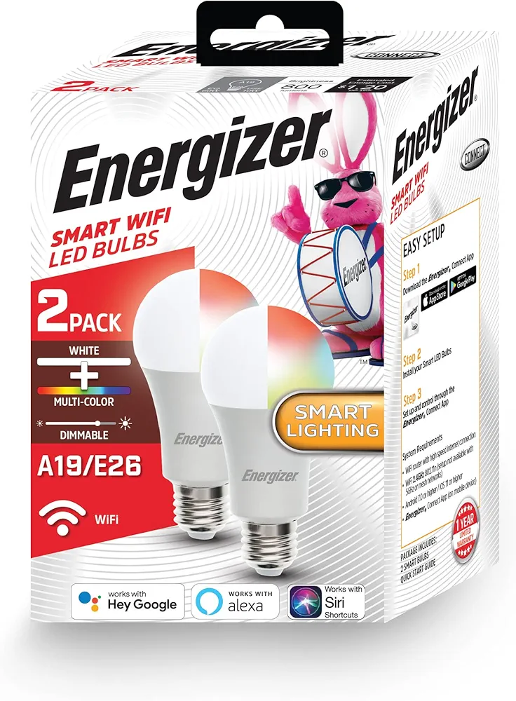 Energizer Connect Smart A19 LED White & Multi-Color RGB Light Bulb with Voice Control and Remote Access Through Your Smartphone | Compatible with Alexa and Google Assistant, 2 Pack