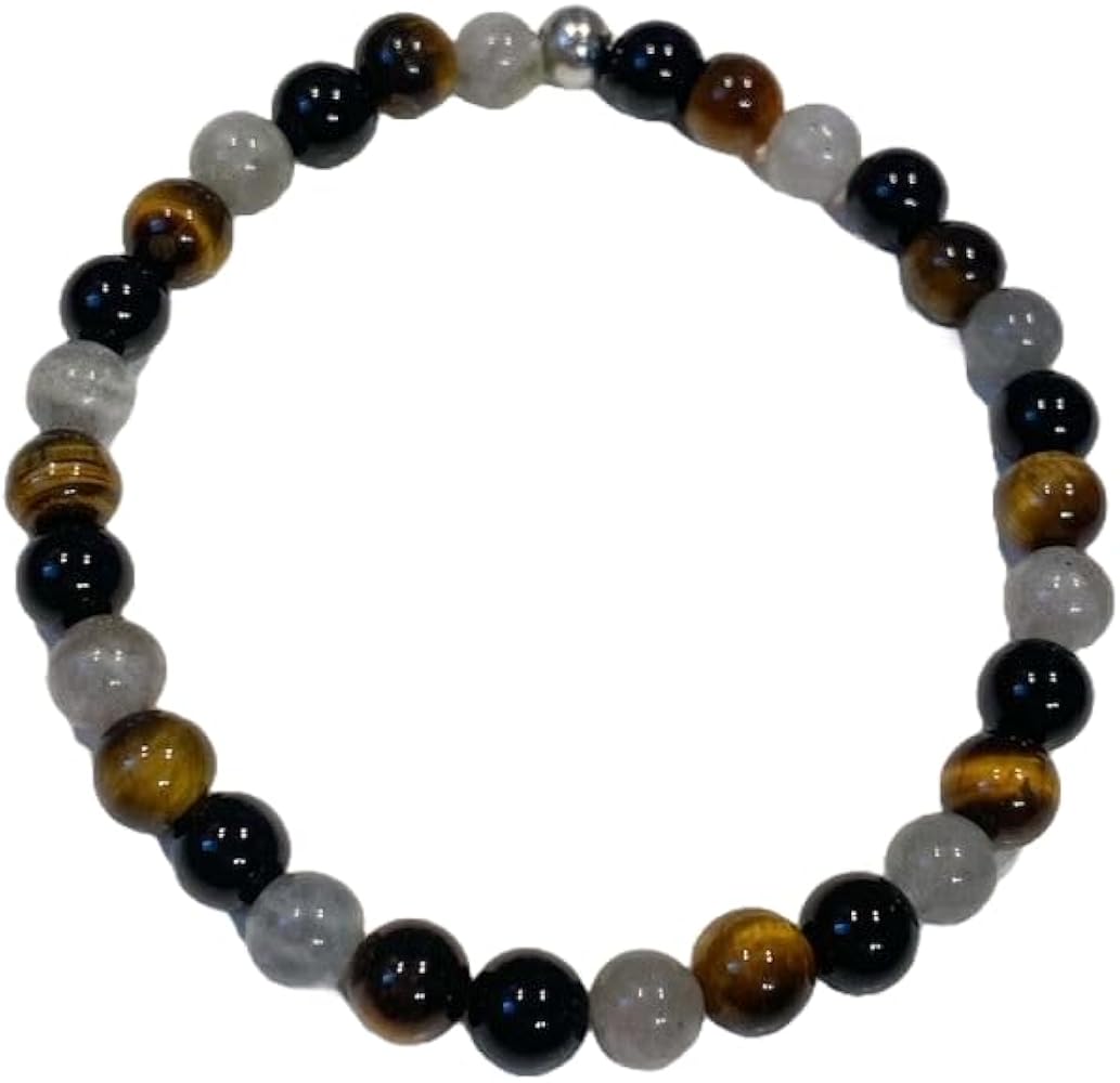 Natural Tiger eye, Black obsidian, Labradorite 4mm rondelle smooth 7inch Semi-Precious Gemstones Beaded Bracelets for Men Women Healing Crystal Stretch Beaded Bracelet Unisex
