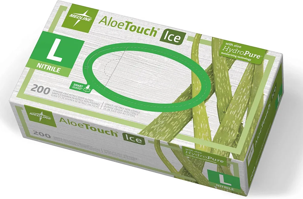 Medline AloeTouch Ice Nitrile Exam Gloves, 200 Count, Large, Powder Free, Disposable, Soothes Hands, Tear Resistant, Multi-use Healthcare Tasks