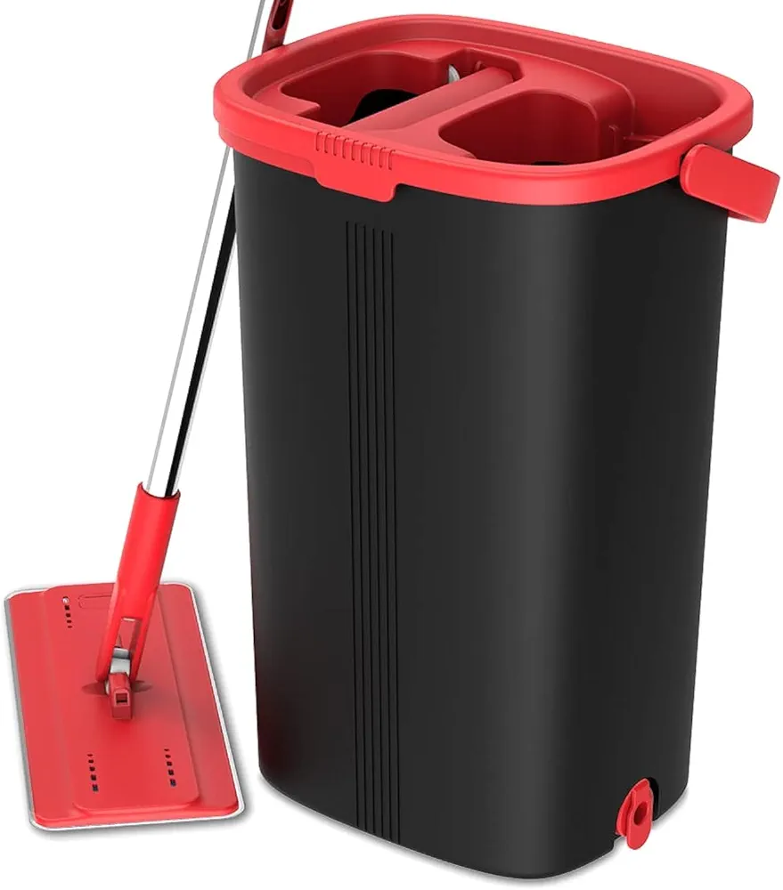 TETHYS Flat Floor Mop and Bucket Set for Professional Home Floor Cleaning System with Aluminum Handle/2-Washable Microfiber Pads Perfect Home + Kitchen Cleaner for Hardwood, Laminate, Tiles, Vinyl