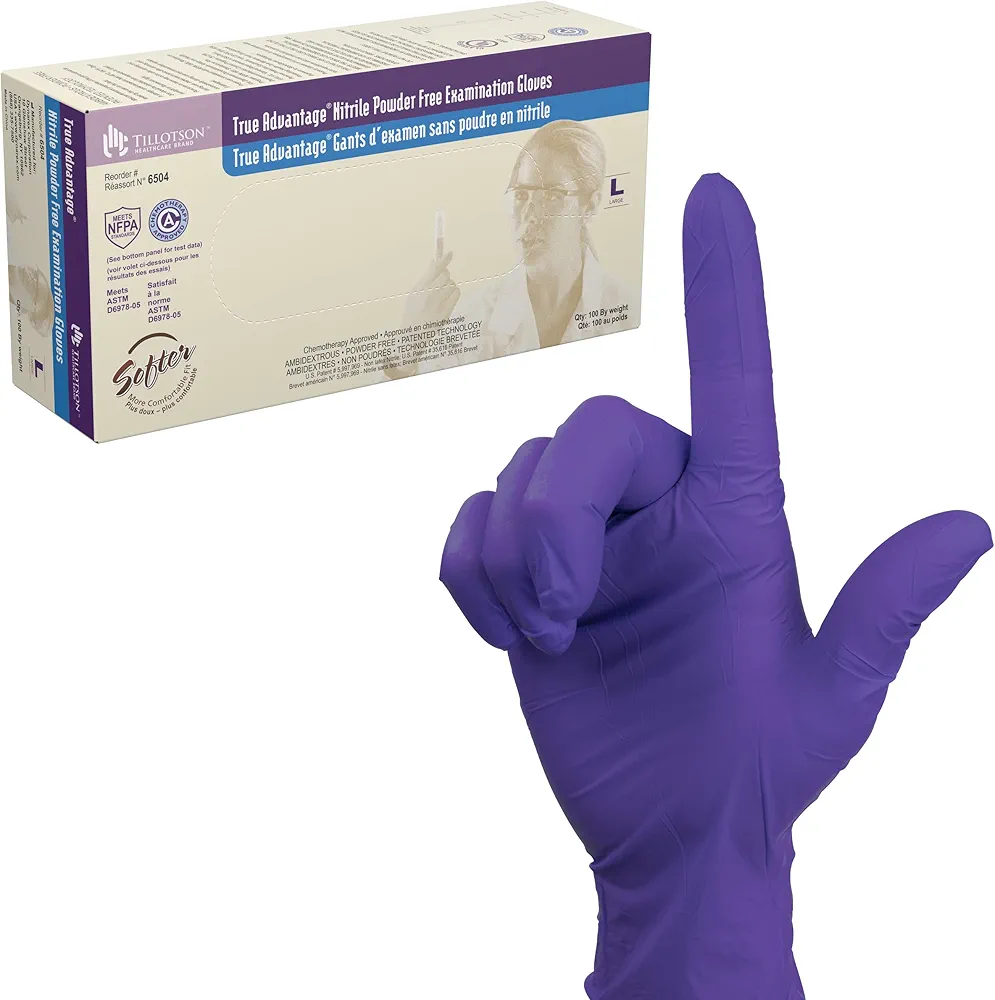 Dynarex True Advantage Nitrile Exam Gloves, Chemo Approved, Powder-Free & Latex-Free, Comfortable Fit with Best Protection, Purple, Large, 1 Box of 100 Gloves
