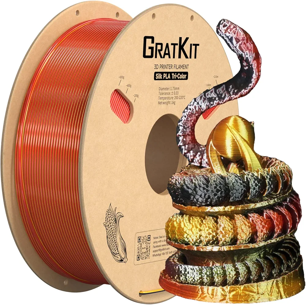 Silk Tri-Color PLA Filament，Coextrusion PLA Filament 1.75mm, +/-0.03mm, 1KG/Roll, Silk PLA Red & Gold & Black