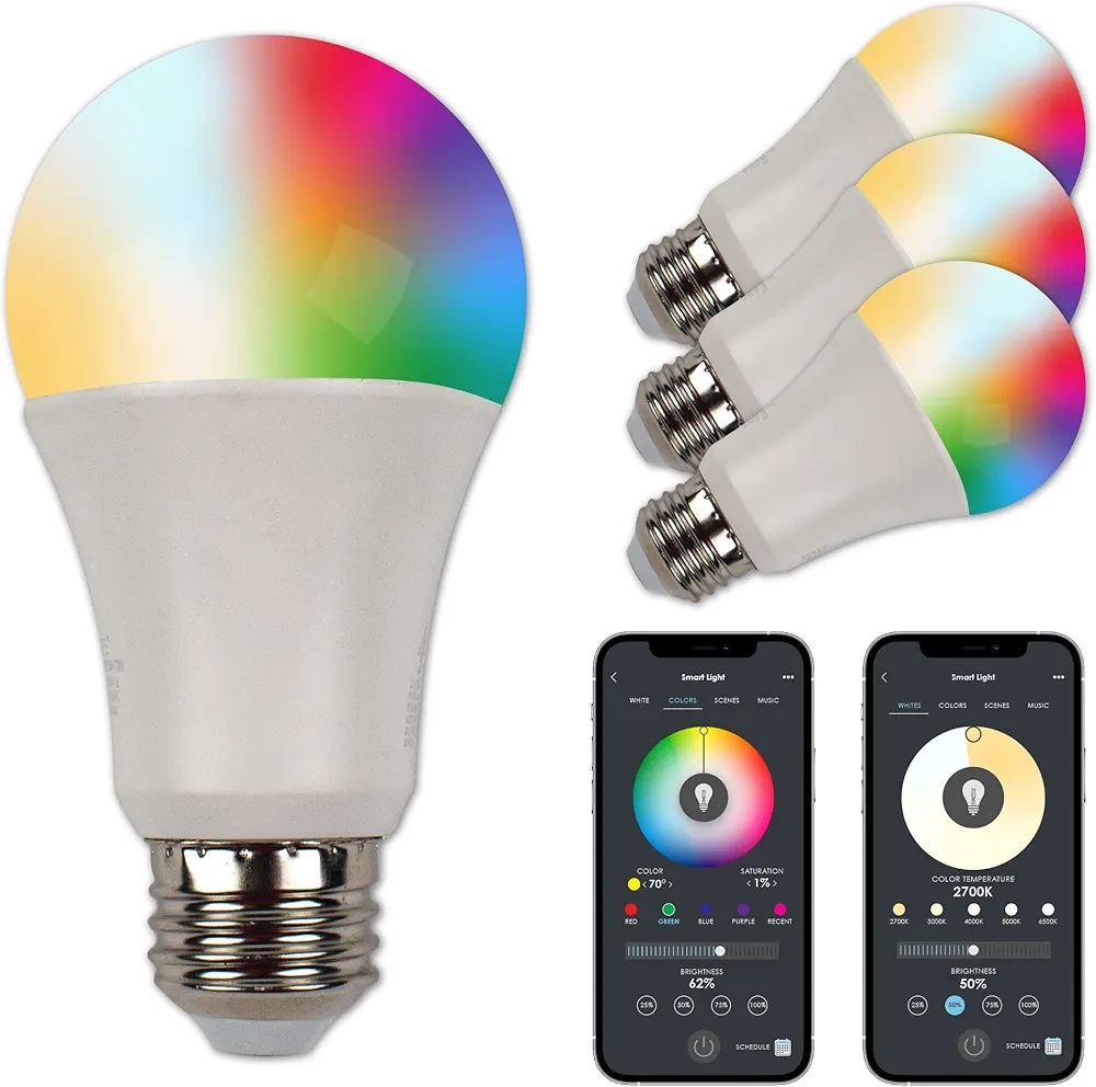 Smart Gen 2 A19 LED Bulb - RGB + Tunable White Smart Bulb with WiFi & Bluetooth Light Control - App Controlled, Programmable LED Lights - Pack of 4 9W Dimmable LED Light Bulbs