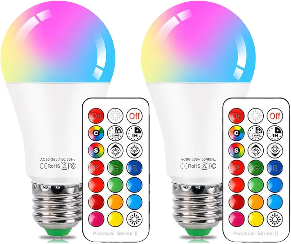 LED Color Changing Light Bulb with Remote Control, 10W E26 RGB+Daylight White 5700K LED Bulbs Dimmable with Memory Function, Ideal Lighting for Home Decoration,Stage,Bar,Party, 2 Pack