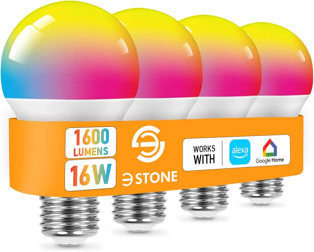 4Pcs Smart Light Bulbs 1600 Lumens WiFi LED Color Changing A21 Bulb 100W Equivalent Dimmable 2700K-6500K RGBCW, Tunable White Works with Alexa, Google Home 2.4Ghz Only, No Hub Required (4)