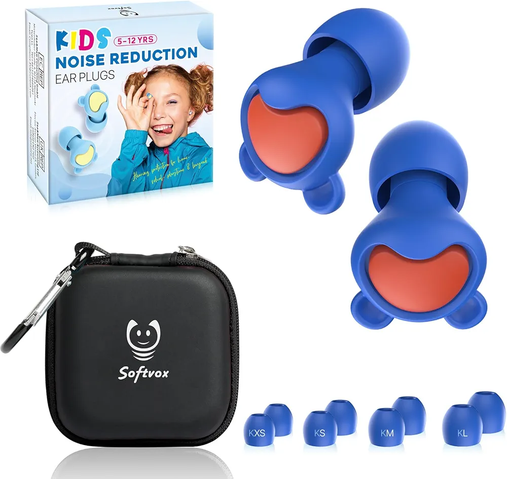 Ear Plugs for Kids (5-12 yrs) & Adults with Small Ear Canal - Noise Reduction Earplugs for Airplane, Focus, Travel, Concert, Socializing Sports, Noise Sensitivity, 8 Ear Tips in XS/S/M/L-NavyBerry