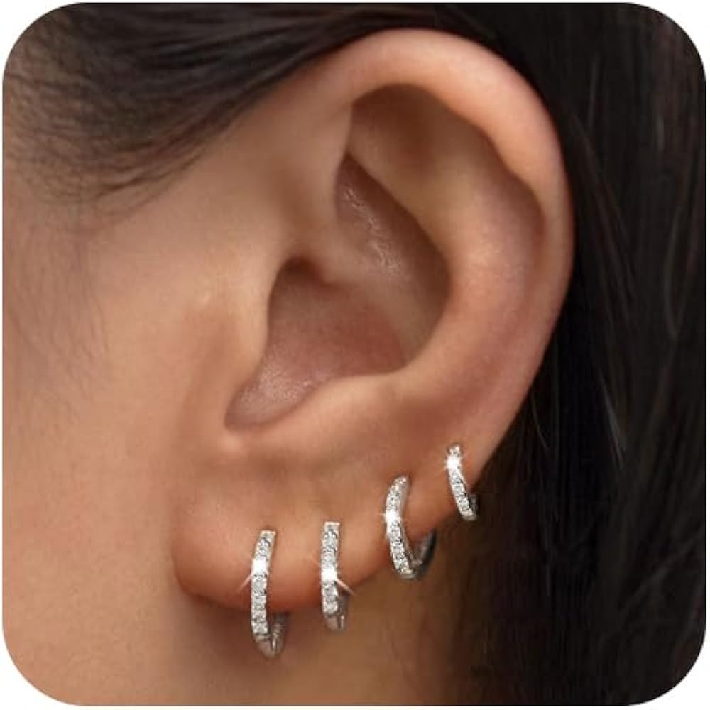 LEXODY 4 Pairs Small Silver Hoop Earrings Set for Women, Sterling Silver Tiny Lightweight Cubic Zirconia Cuff Huggie Earrings Cartilage Earring Piercing Jewelry for Women