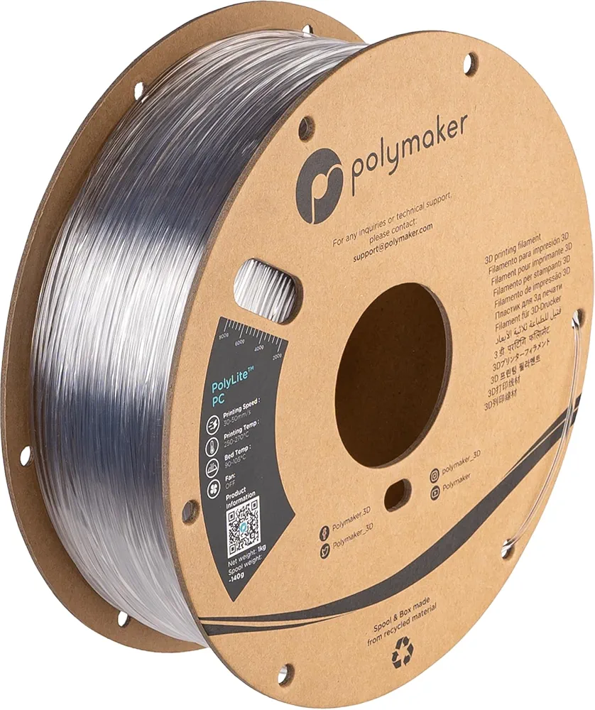 Polymaker PC Filament 1.75mm, Clear Polycarbonate Filament 1.75mm 1kg Cardboard Spool - PolyLite PC Filament Transparent, Strong & Tough & Heat Resistant 3D Printer Polycarbonate Filament 1.75