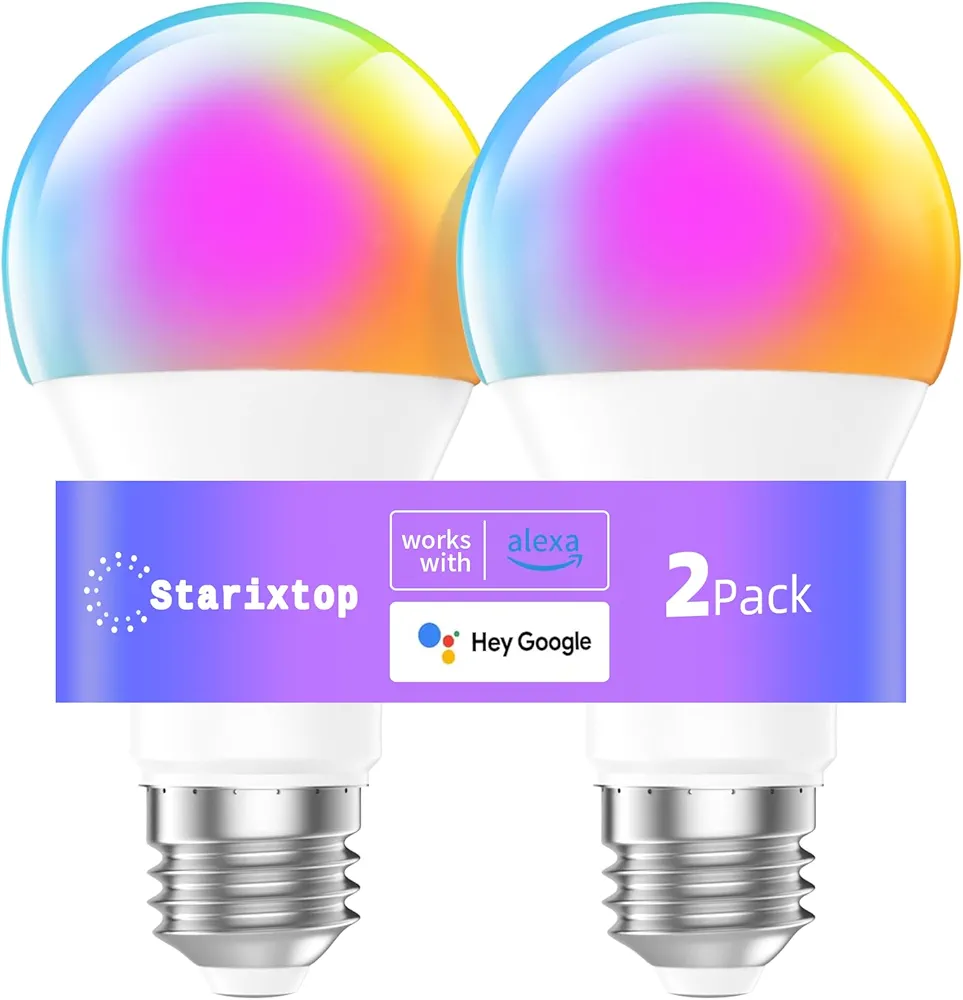 Smart Light Bulbs, RGB+WW Color Changing Light Bulbs, A19 LED Light Bulb, Music Sync, 16 Million Colors, Compatible with Alexa, Google Assistant, 750LM, E26 Base, 2 Pack