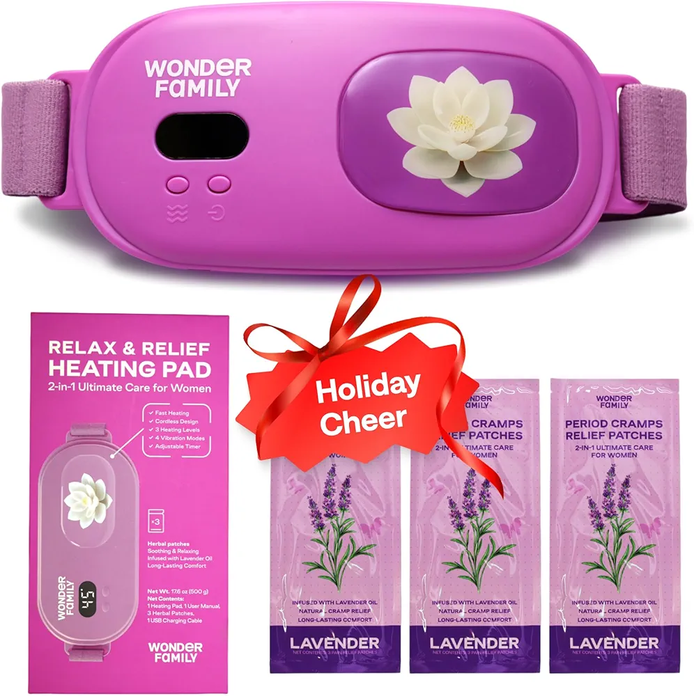 Portable Heating Pad for Period Cramps - Customizable Period Belt - Stomach and Lower Back Massager with Heat Pad for Cramps - Menstrual Heating Pad for Women with 3 Lavender Patches