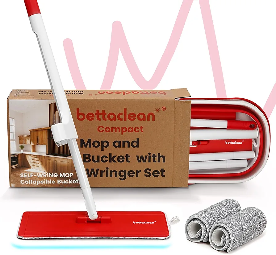Collapsible Mop and Bucket Set with Wringer, Foldable Mops, RV Mop, Outdoor Mop, Compact Mops for Floor Cleaning, Flat Mop and Bucket System, 3 Washable Microfiber Pads, Mop Set by Bettaclean