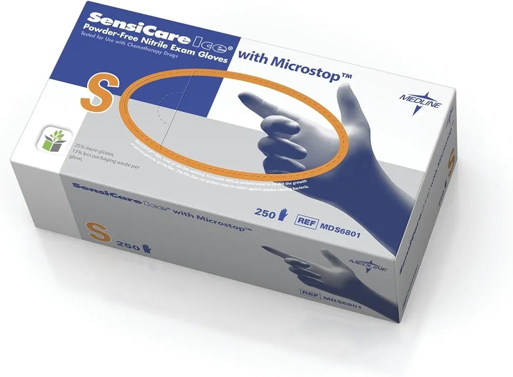 Medline SensiCare Ice Blue Nitrile Exam Gloves, 250 Count, Small, Powder Free, Disposable, Not Made with Natural Rubber Latex, Multi-use for Every Task