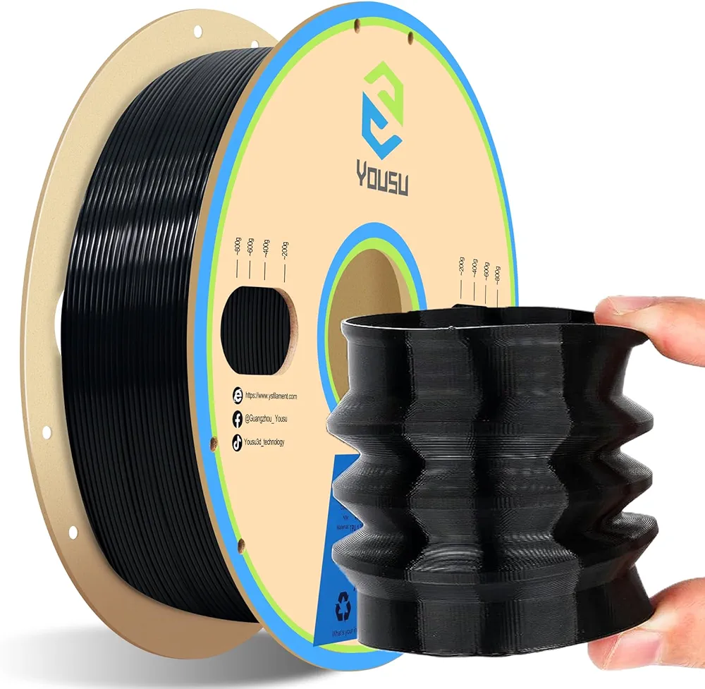 YOUSU TPU Filament 1.75mm,95A TPU Flexible Filament, Soft 3D Printer Filament, 3D Printing Filament TPU Black,1kg Spool (2.2 lbs)
