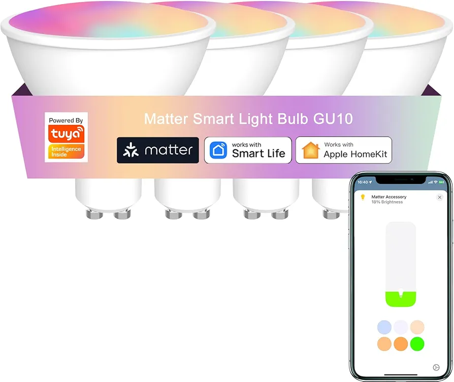 Matter Smart Light Bulbs GU10, WiFi Smart Bulbs Work with HomeKit/Alexa/Google Home/Smart Life,RGBCW Color Changing LED Light Bulbs Music Sync, 40W 400LM,2.4Ghz WiFi Only,No Hub Required,4 Pack