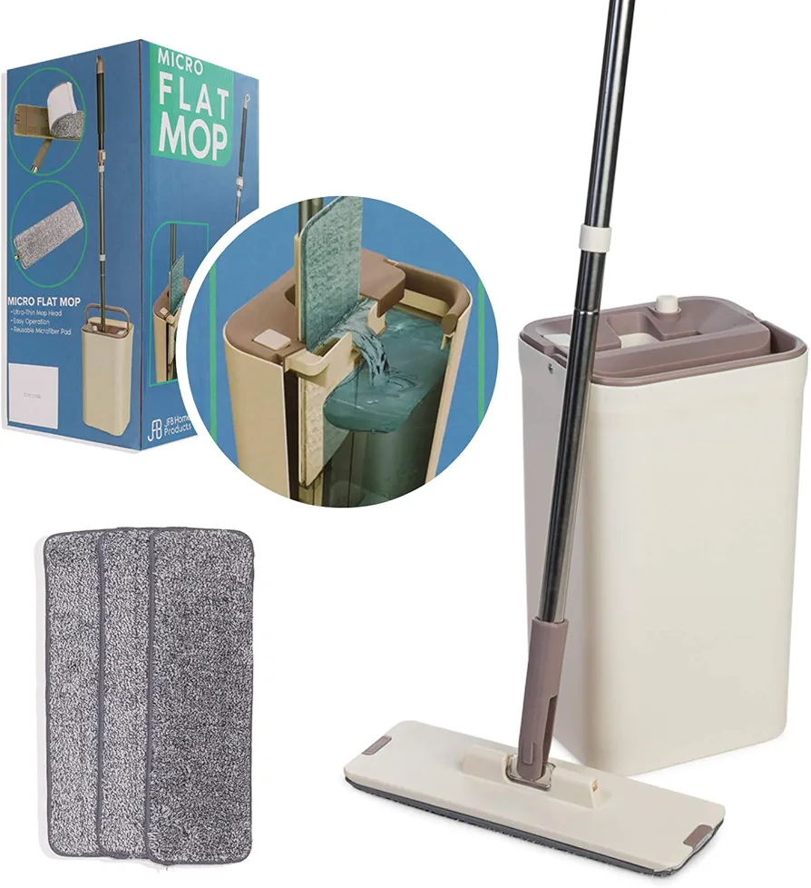 Micro Flat Mop & Bucket System, Hands-Free Wringing Floor Cleaning, 3 Washable & Reusable Microfiber Pads, Wet or Dry Usage on Wood, Marble, Tile, Laminate, Ceramic and Vinyl Floors