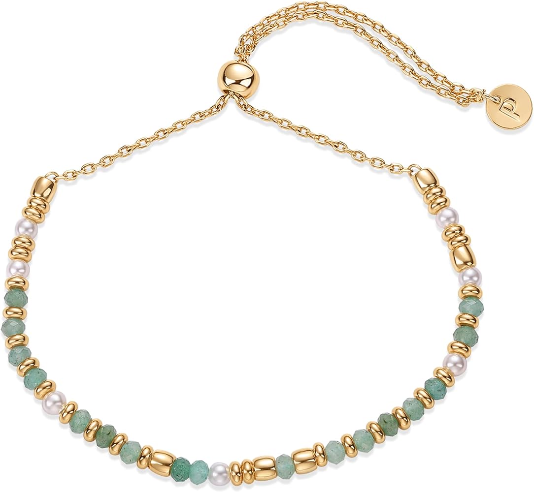 PAVOI 14K Yellow Gold Plated Beaded Gemstones Bracelets for Women | Colored Boho Festival Adjustable Slider Bracelet | Freshwater Pearls Rose Jade Amazonite Sodalite Labradorite Beads