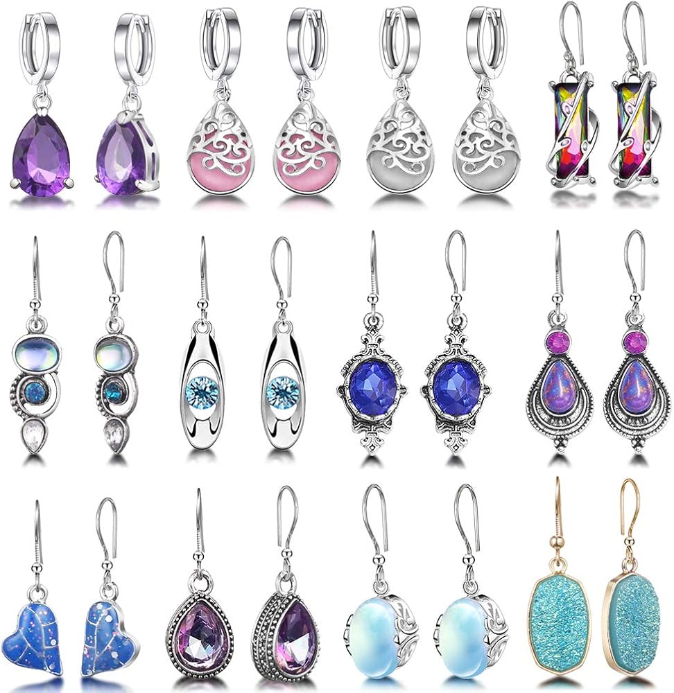 Hefanny 12 Pairs Teardrop Druse Crystal Drop Dangle Earrings for Women Cubic Zirconia Huggie Hoop Earring Jewelry Set Christmas Gifts
